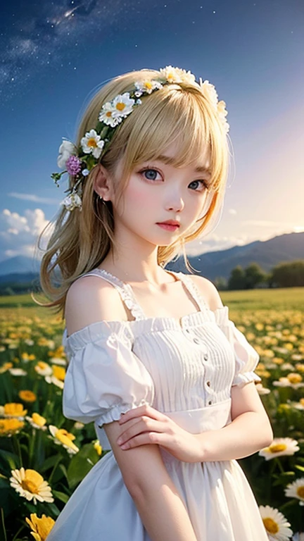 (highest quality, masterpiece), One girl, Pause, particle, Wind, flower, Upper Body, Simple Background, View your viewers, blonde, Milky Way,