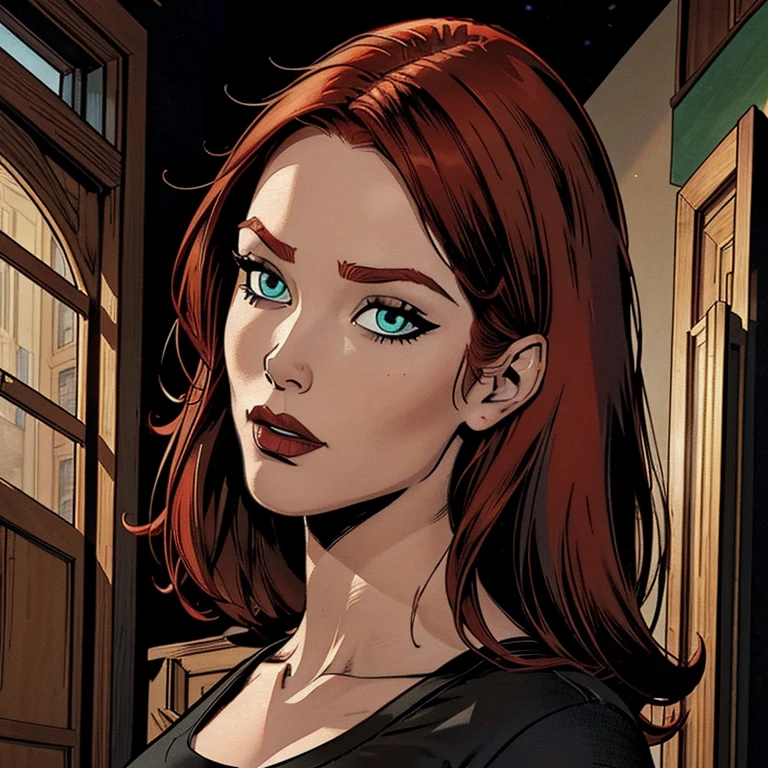 Draw a beautiful white redhead woman, she is wearing a black shirt, she has a beautiful red hair with a fringe, she has beautiful eyes with green iris, her face is pretty, very beutiful, high resolution, 4k, 8k, masterpiece, high detailed, american comic book style image