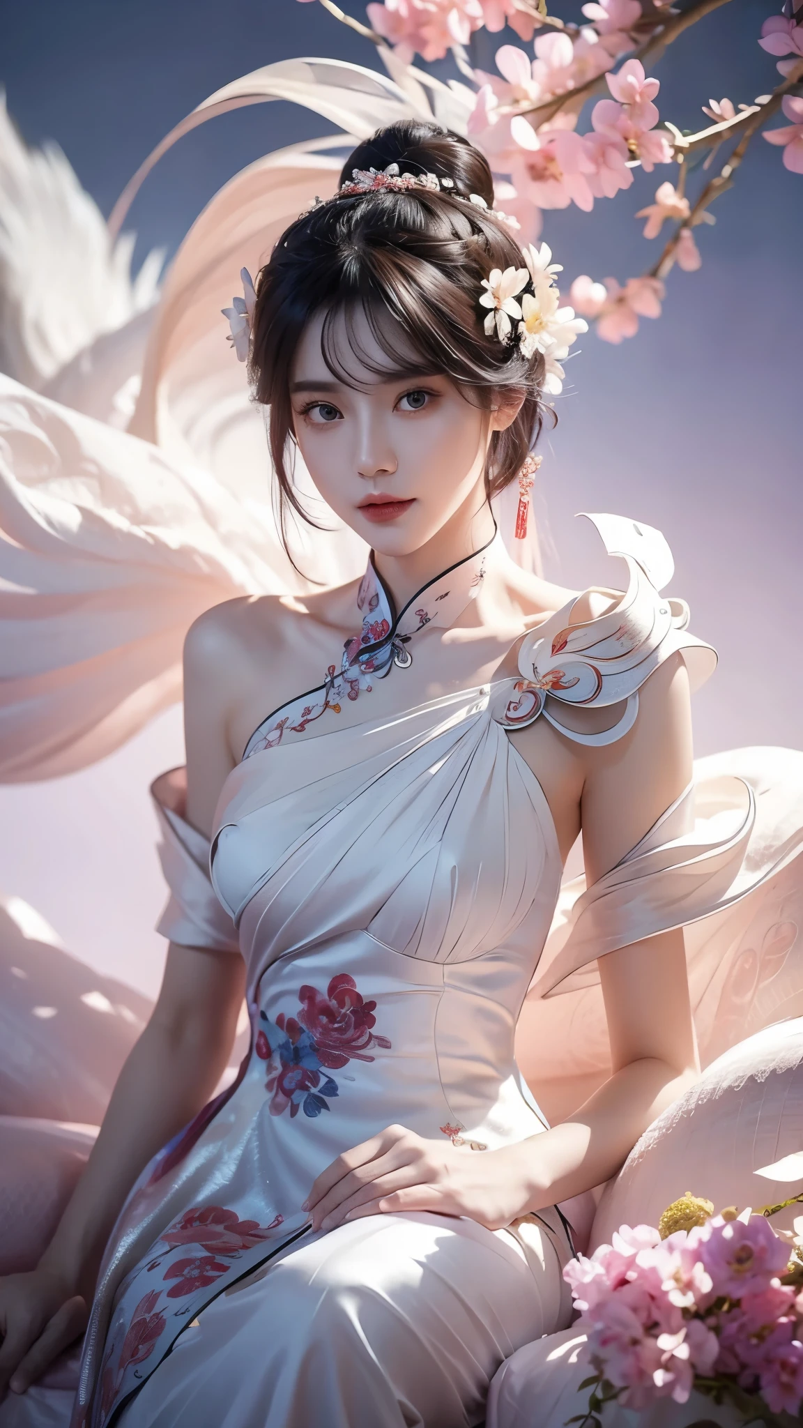 ((Bare shoulder)),Full body shot of woman with flowers in hair, Portraits inspired by Du Qiong, CG trends, Reality, Gorgeous Chinese model, traditional beauty, Chinese girl, cgstation trends, Popular topics on cgstation, Chinese style, palace ， Cute and delicate face, beautiful girl, A beautiful young woman