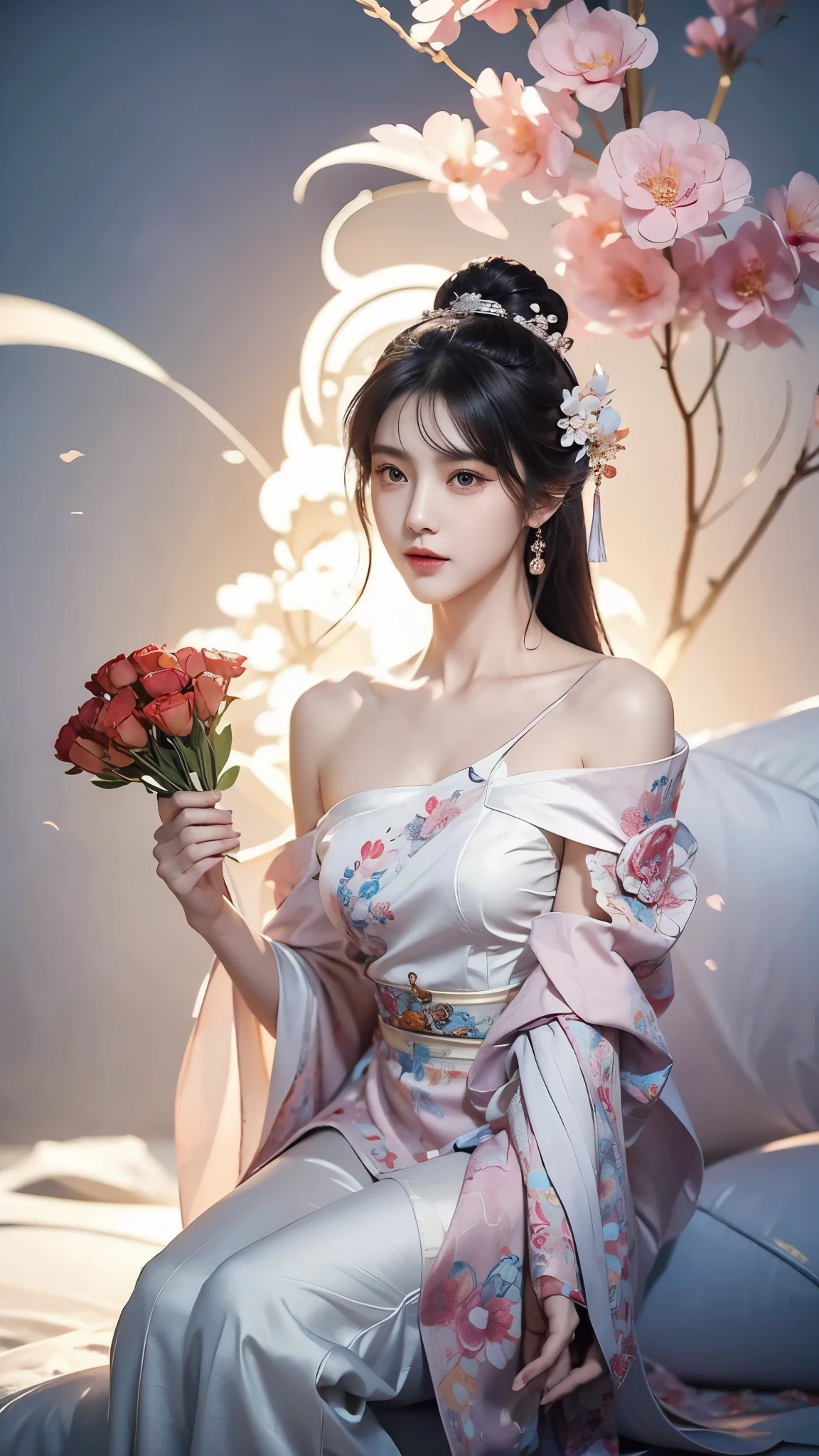 ((Bare shoulder)),Full body shot of woman with flowers in hair, Portraits inspired by Du Qiong, CG trends, Reality, Gorgeous Chinese model, traditional beauty, Chinese girl, cgstation trends, Popular topics on cgstation, Chinese style, palace ， Cute and delicate face, beautiful girl, A beautiful young woman