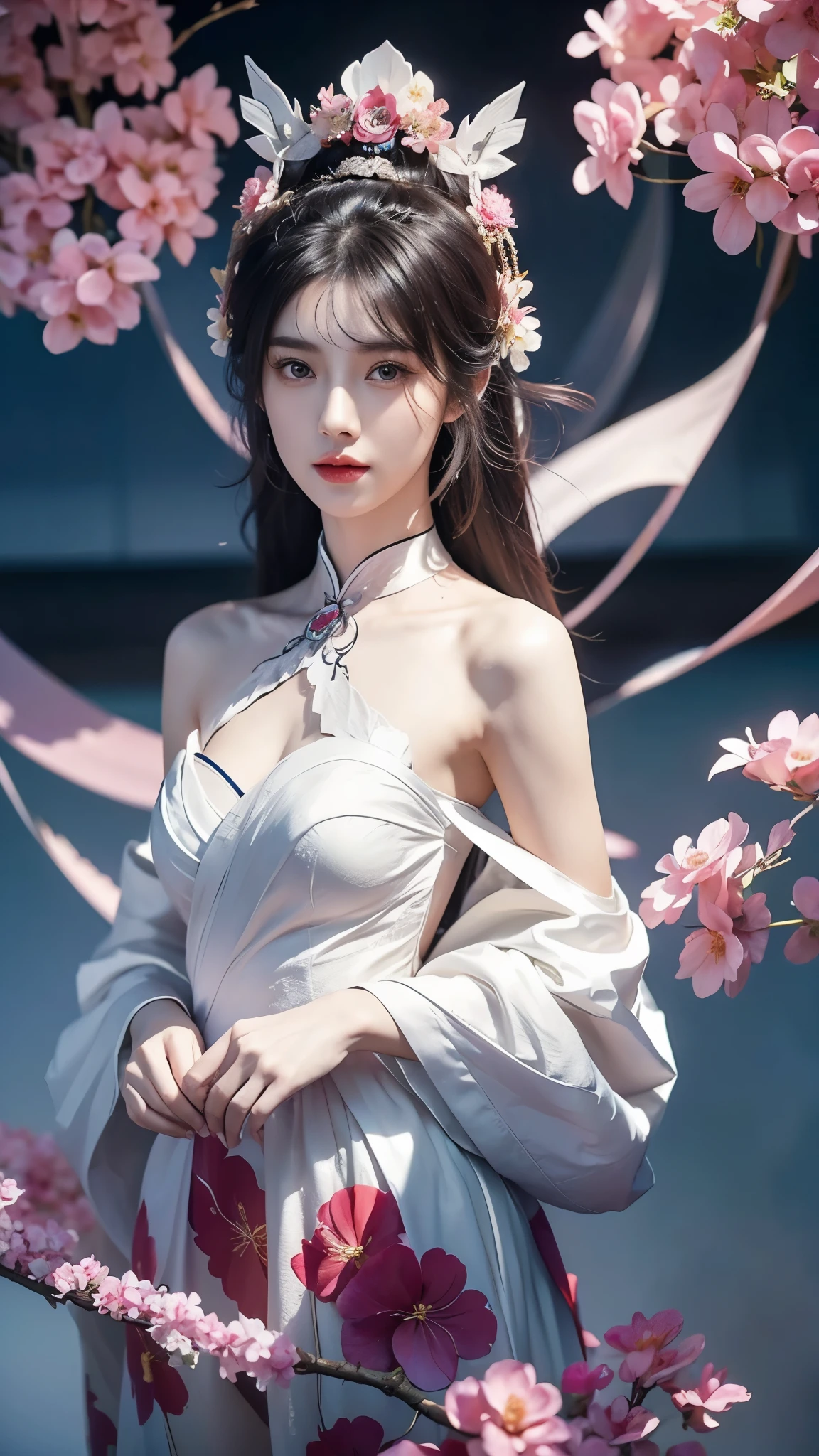 ((Bare shoulder)),Full body shot of woman with flowers in hair, Portraits inspired by Du Qiong, CG trends, Reality, Gorgeous Chinese model, traditional beauty, Chinese girl, cgstation trends, Popular topics on cgstation, Chinese style, palace ， Cute and delicate face, beautiful girl, A beautiful young womanAnatomically correct