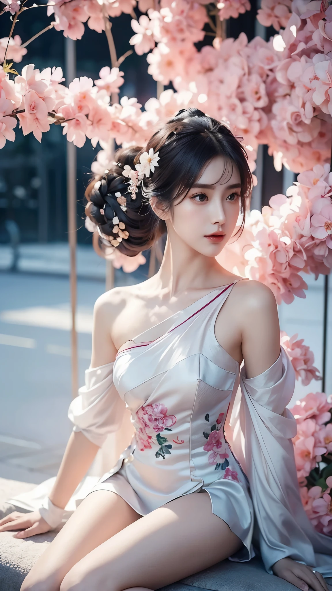 ((Bare shoulder)), ((full body)), ((sitting position)), shot of woman with flowers in hair, Portraits inspired by Du Qiong, CG trends, Reality, Gorgeous Chinese model, traditional beauty, Chinese girl, cgstation trends, Popular topics on cgstation, Chinese style, palace ， Cute and delicate face, beautiful girl, A beautiful young womanAnatomically correct