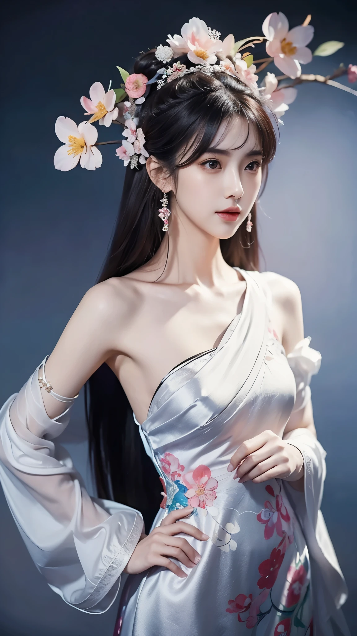 ((맨 어깨)),머리에 꽃을 꽂은 여성의 전신 샷, Du Qiong에게서 영감을 받은 초상화, CG 동향, 현실, 화려한 중국 모델, 전통미, 중국 소녀, CGSTATION 트렌드, cgstation의 인기 주제, 중국 스타일, 궁전 ， 귀엽고 섬세한 얼굴, 아름다운 소녀, 아름다운 젊은 여성해부학적으로 정확함