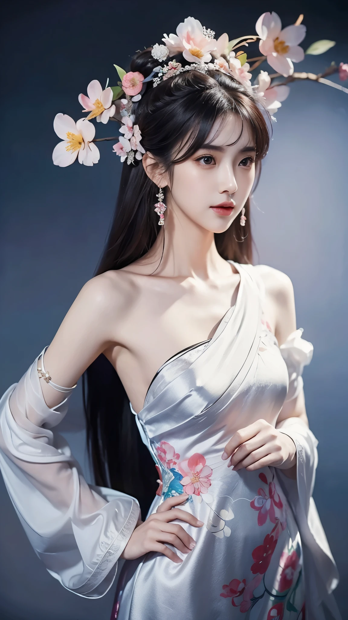 ((Ombro nu)),Foto de corpo inteiro de mulher com flores no cabelo, Retratos inspirados em Du Qiong, Tendências de computação gráfica, realidade, lindo modelo chinês, beleza tradicional, Menina chinesa, tendências de estação cg, Tópicos populares sobre cgstation, estilo chinês, Palácio ， rosto fofo e delicado, garota linda, Uma linda jovemAnatomicamente correta