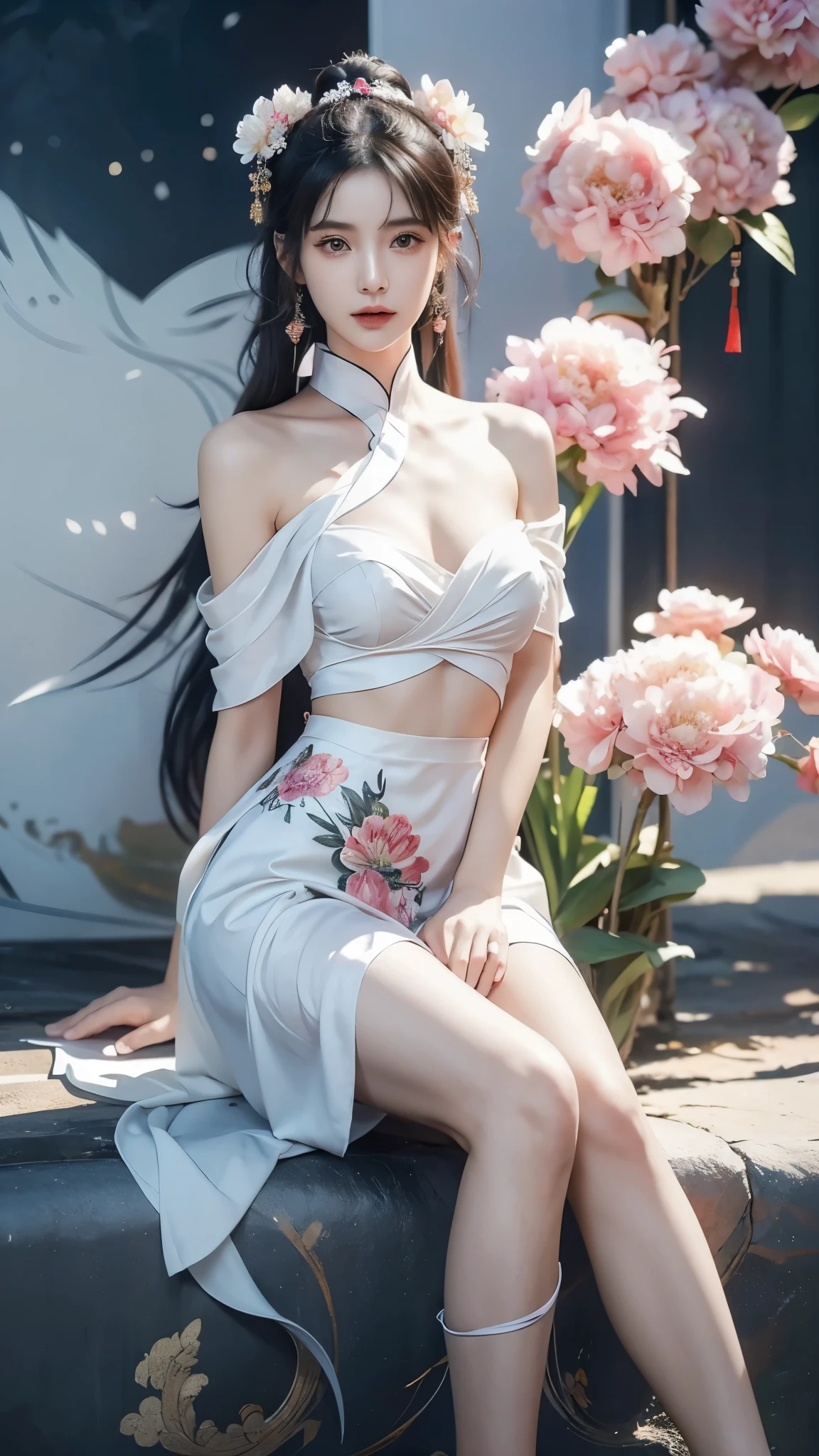 ((épaule nue)), ((tout le corps)), ((Position assise)), photo d&#39;une femme avec des fleurs dans les cheveux, Portraits inspirés de Du Qiong, Tendances CG, réalité, magnifique modèle chinois, beauté traditionnelle, Chinoise, tendances des stations de métro, Sujets populaires sur cgstation, style chinois, palais ， Visage mignon et délicat, Belle fille, Une belle jeune femmeAnatomiquement correcte