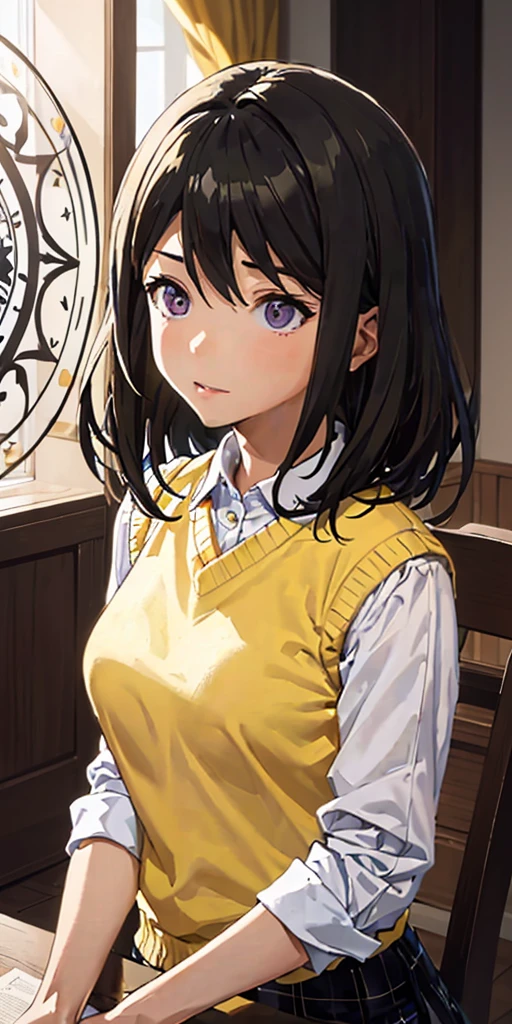 (NSFW)(Mizuno Akane)(améliorer)(peau sombre), Maternel, seul, 1 fille, cheveux roses, yeux violets, Cheveux courts, fleur de cheveux, gilet pull, (Pull jaune:1.2), gros yeux, jupe à carreaux, bas noirs, (chef-d&#39;œuvre:1.2, la plus haute qualité), (Beaux yeux détaillés: 1.2), (contexte détaillé, Fantaisie sombre), (visage beau et détaillé), Contraste élevé, (meilleur éclairage, Très délicat et beau), ((lumière cinématographique)), Coloré, Hyper détail, lumière dramatique, détails complexes, (Poils pointus entre les yeux, Angle dynamique), La lumière noire tourbillonne autour du personnage, Profondeur des limites écrites, particules de lumière noire,(verre brisé),cercle magique