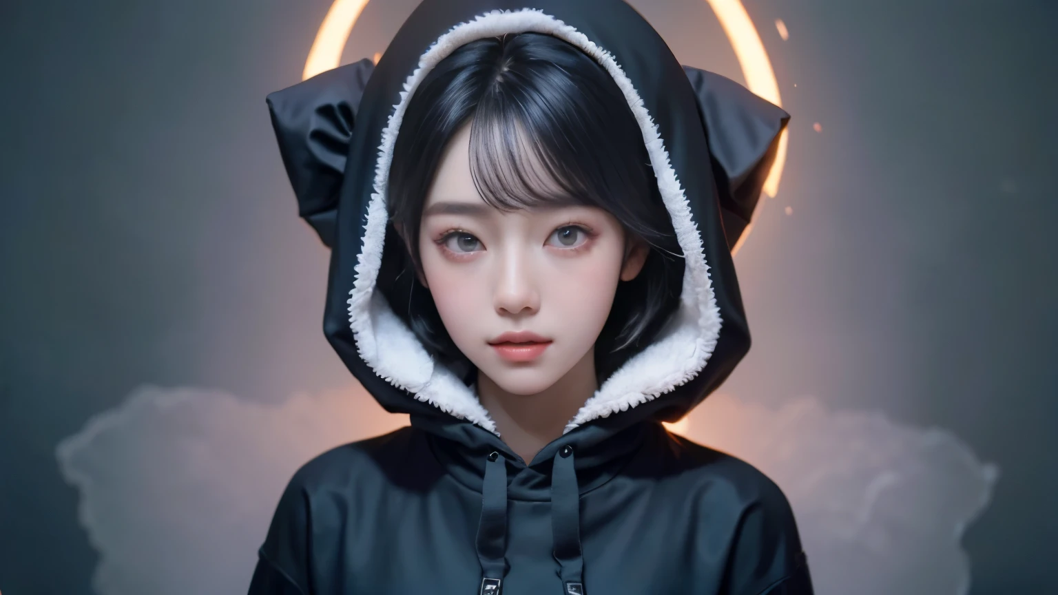 (best quality, 8k, masterpiece: 1.4) Korean woman in her 20s, portrait, enlargement, red eyes, black long nails, forehead, Black Hood, Short hair, black background, hood up, gray hair, red eyeliner, smile