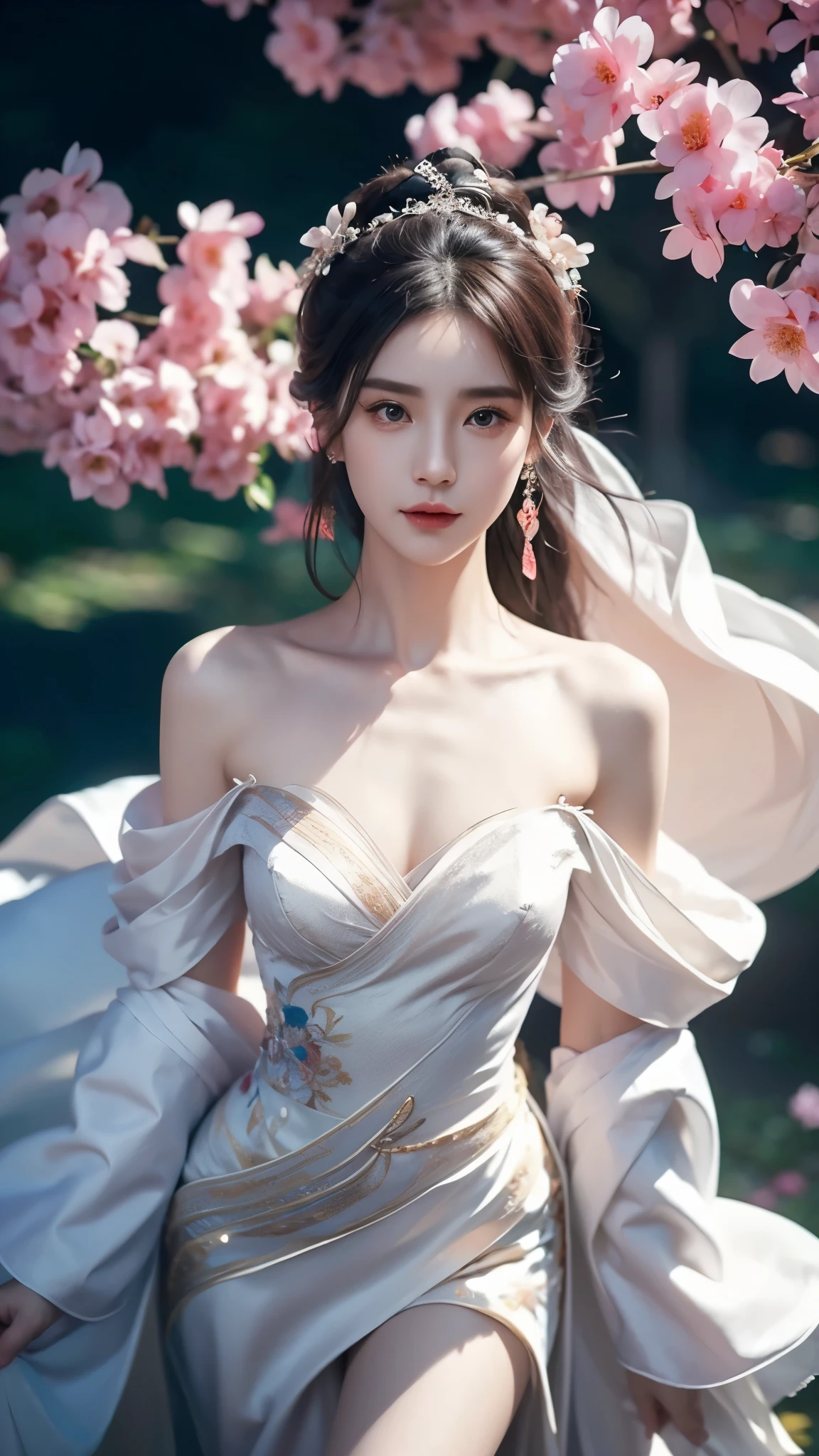 ((Bare shoulder)), ((knee shot)), ((Standing walking)), ((Elegant and charming posture)), ((Close shot)), shot of woman with flowers in hair, Portraits inspired by Du Qiong, CG trends, Reality, Gorgeous Chinese model, traditional beauty, Chinese girl, cgstation trends, Popular topics on cgstation, Chinese style, palace ， Cute and delicate face, beautiful girl, A beautiful young womanAnatomically correct