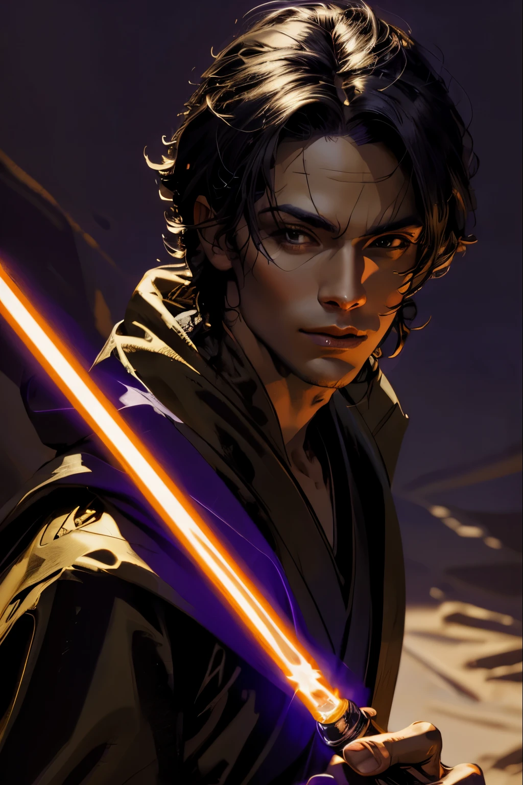 "(melhor qualidade,alta resolução),cavaleiro jedi masculino sexy,lindos olhos detalhados,roupão bronzeado claro para cílios longos, segurando um sabre de luz roxo, retratos,Fundo de Star Wars,cores vivas,iluminação de estúdio"