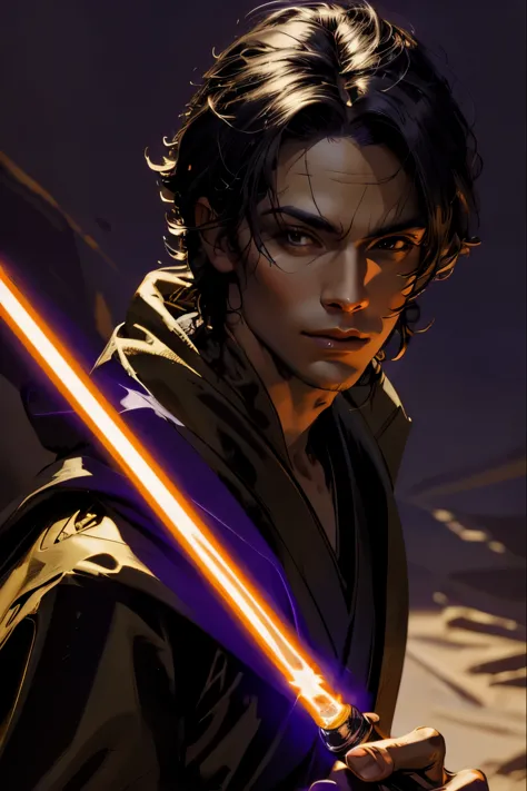 "(best quality,highres),sexy male jedi knight,beautiful detailed eyes,long eyelashes light tan robe, holding a morado lightsaber...
