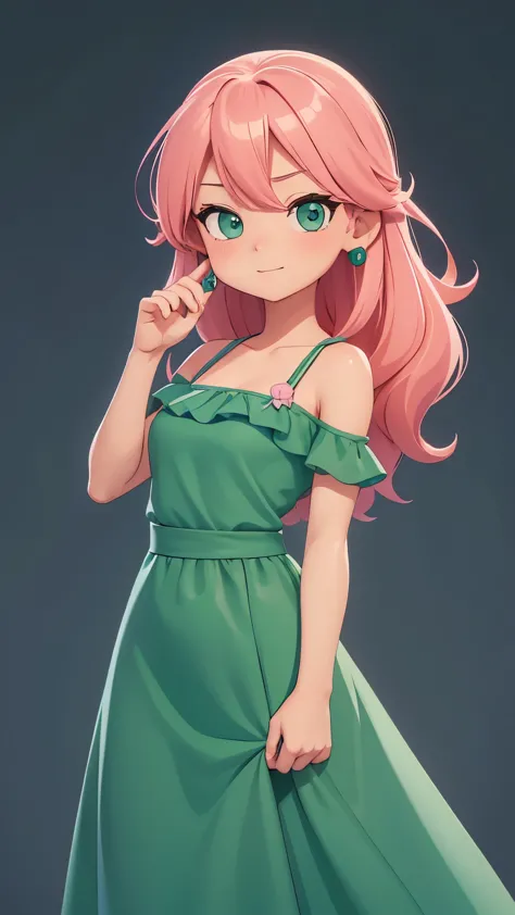 (1girl) A very charming with (green tosca long simple dress) and (pink hair). The illustration is a high-definition illustration...