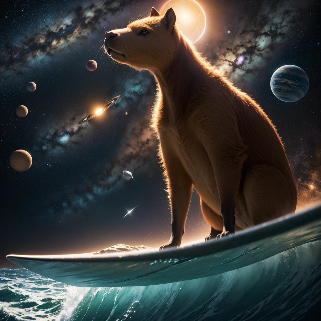 Best quality,masterpiece,ultra-detailed high res,(photorealistic),raw photo,illustration, A Capybara standing on surf board, in the space. backround space, stars and planets. funny, cinematic lighting, special light effects