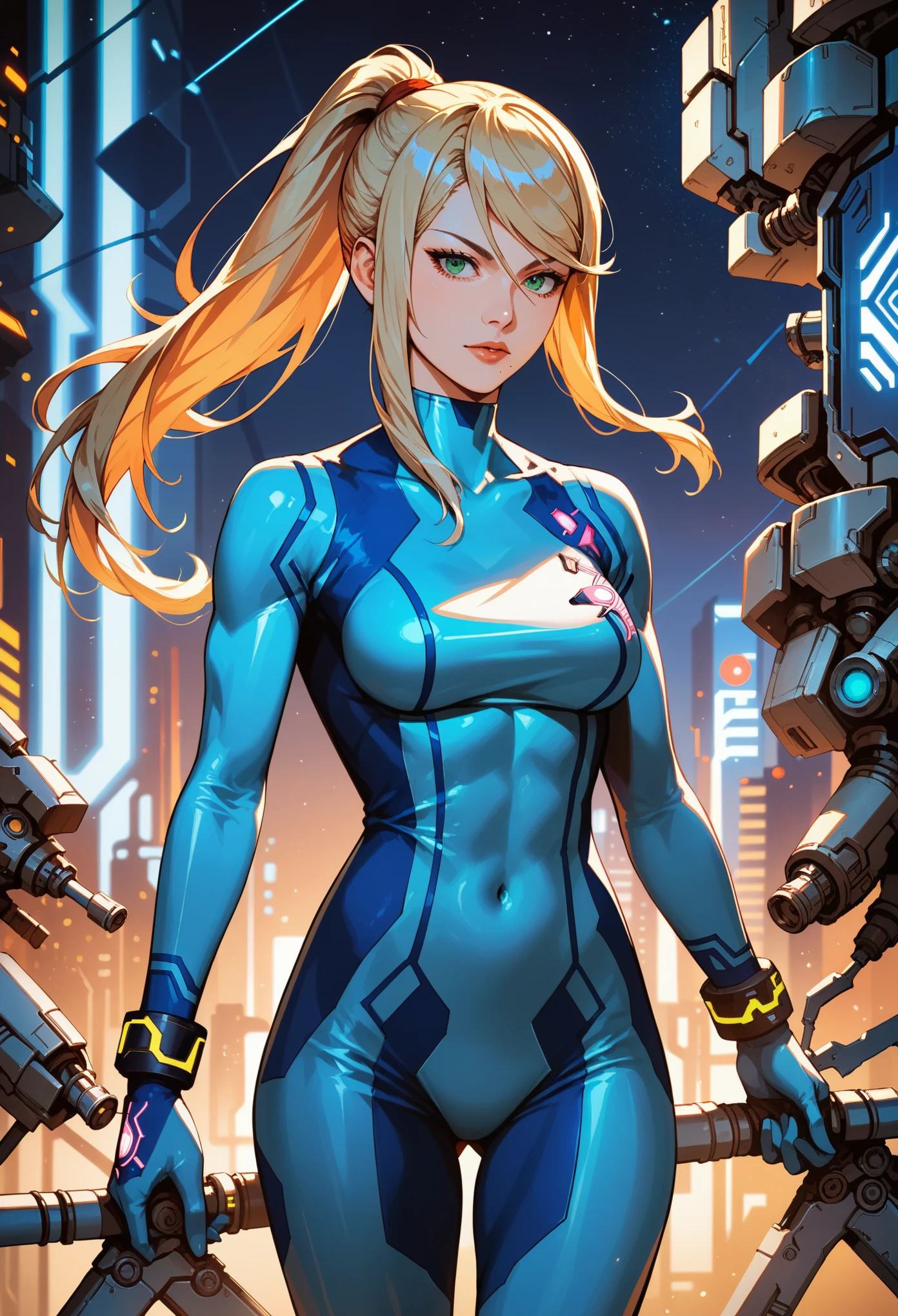 (best quality),female,Samus aran,blond hair,green eyes,zero suit,light blue body suit,cowboy shot,night city,Science fiction,ultra-detailed,sharp focus,aesthetic
score_9, score_8_up, score_7_up,source_anime,rating_safe,anime style