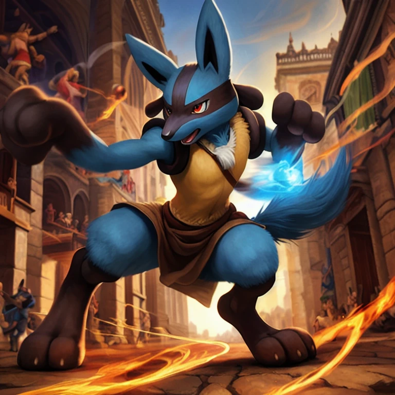 top quality, high-quality illustrations, the beautiful depiction of light seen in Vermeer's works, Landscapes inspired by biblical themes depicted by Leonardo da Vinci((masterpiece))absurdres, Perfect Anatomy, Lucario, full body, smoke, magic(Fighting Pose)((dramatic))epic, motion blur, depth of field, bokeh, 4k,