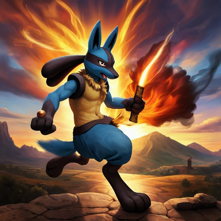 top quality, high-quality illustrations, the beautiful depiction of light seen in Vermeer's works, Landscapes inspired by biblical themes depicted by Leonardo da Vinci((masterpiece))absurdres, Perfect Anatomy, Lucario, full body, smoke, magic(Fighting Pose)((dramatic))epic, motion blur, depth of field, bokeh, 4k,