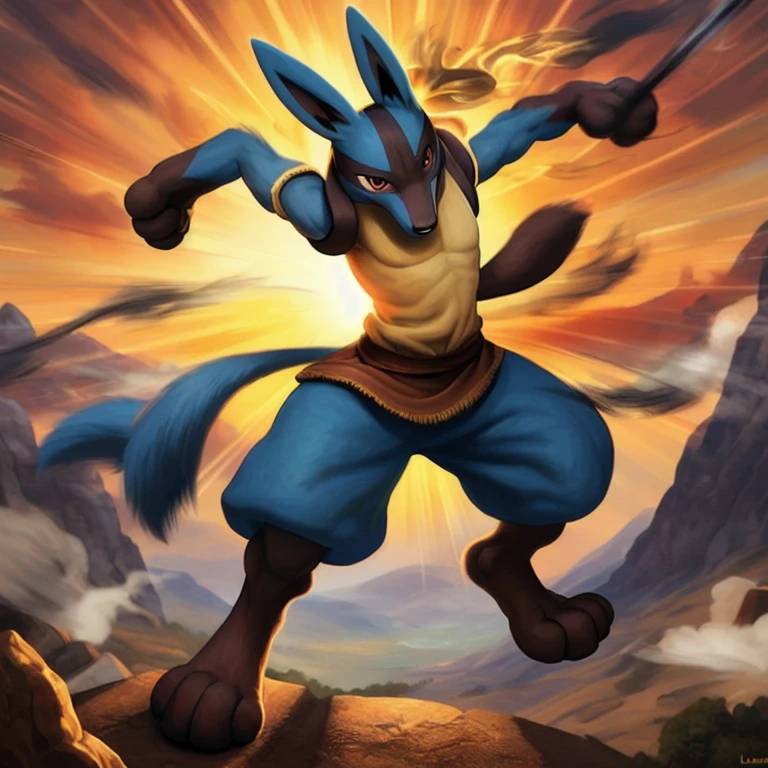 top quality, high-quality illustrations, the beautiful depiction of light seen in Vermeer's works, Landscapes inspired by biblical themes depicted by Leonardo da Vinci((masterpiece))absurdres, Perfect Anatomy, Lucario, full body, smoke, magic(Fighting Pose)((dramatic))epic, motion blur, depth of field, bokeh, 4k,