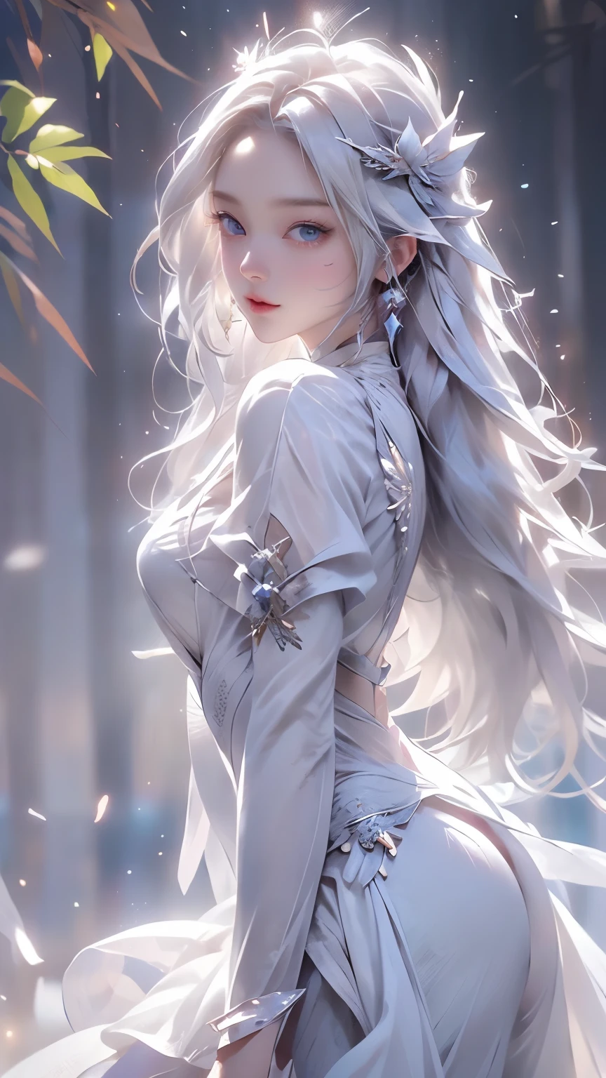 (White Wings,angel:1.2),(White feathers falling on the background:1.1)， （（masterpiece））， （detailed：1.4），Realistic、 beautiful woman images，High resolution（High Dynamic Range），Ray Tracing，NVIDIA，Super Resolution，PBR Textures，Post-processing，Anisotropic Filtering，Maximum depth of field resolution and crisp layered textures，Albedo and Specular Maps，Surface Shading，Accurate simulation of material interactions，Perfect balance，Rendering with Octane，2-color light，Large Diameter，Low ISO，White balance，Rule 3 points、8K raw data、Backlight、dancing woman、Beautiful white and shining skin、White hair that changes with the light、Long bangs obstruct the view、Highlights of cheek luster、Sexy and very beautiful and lovely face、The most beautiful face in the world、Super long and gorgeous white hair、Smooth straight hair、White hair blowing in the wind、big, Sparkling light blue eyes、Beautiful Bangs、Beautiful cute girl 25 years old、Enchanted Valley、Beautiful dress、from side
