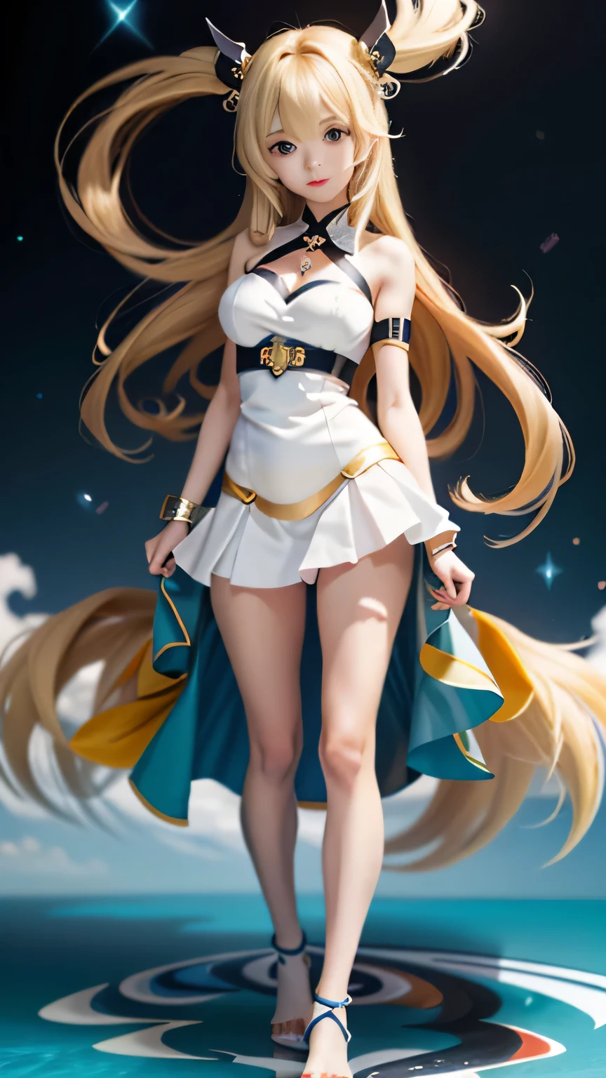 Long blond hair、Dressed in a white dress、anime girl walking on the beach, anime goddess, Kushatt Krenz Key Art Womenswear, Popular on artstation pixiv, long-haired blonde anime girl, Guweiz in Pixiv ArtStation, Cute anime girl in a beautiful skirt, Digital art on pixiv, Azure Lane style, Guweiz on Artstation Pixiv，Long blond hair，White clothes，fixing