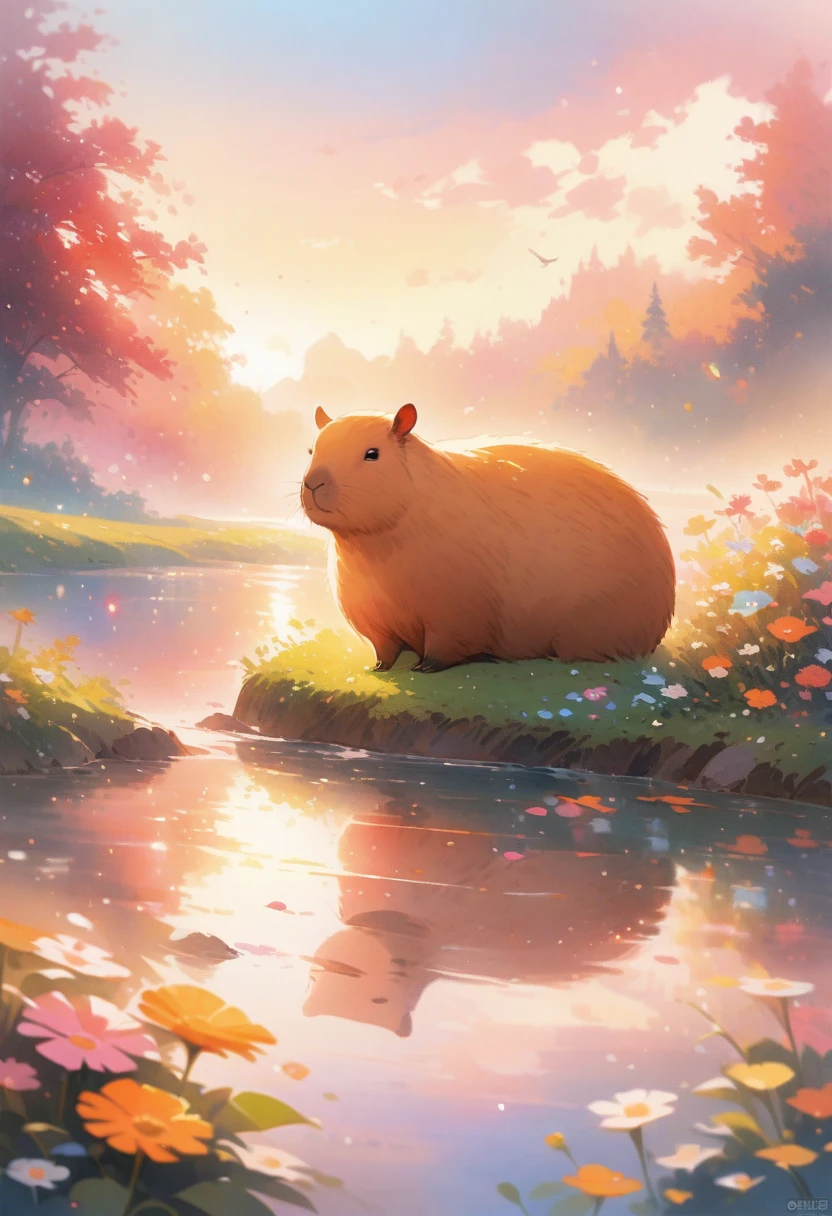capybara, Solitary, Waterside, relaxed expression, Fluffy fur, Rich natural environment, Sunset and soft lights, Flowers and plants, Rocks and roots, Insects and small animals, Reflections on the water, Peaceful scenery, Water spray, Peaceful and leisurely life, masterpiece), (best quality), (Super detailed), irrationality, complex and detailed, Absolute resolution, Ridiculous, high resolution, texture,
