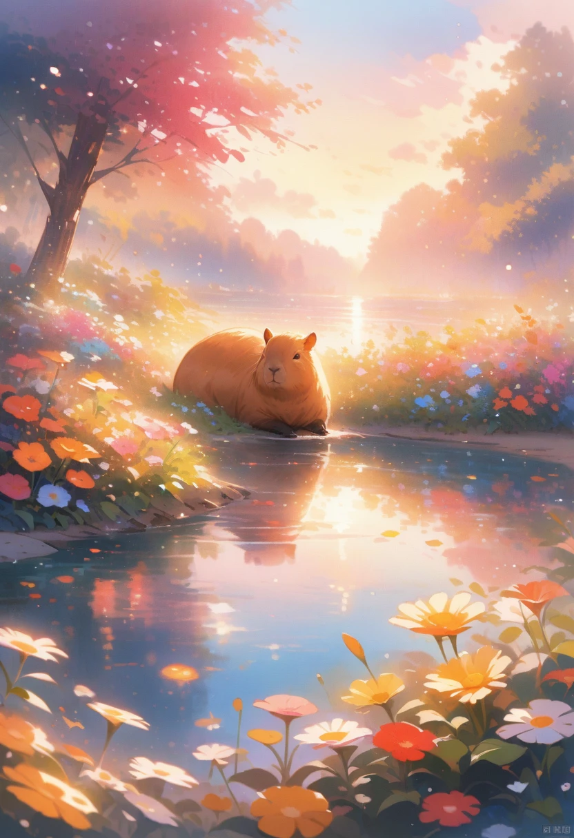 capybara, Solitary, Waterside, relaxed expression, Fluffy fur, Rich natural environment, Sunset and soft lights, Flowers and plants, Rocks and roots, Insects and small animals, Reflections on the water, Peaceful scenery, Water spray, Peaceful and leisurely life, masterpiece), (best quality), (Super detailed), irrationality, complex and detailed, Absolute resolution, Ridiculous, high resolution, texture,
