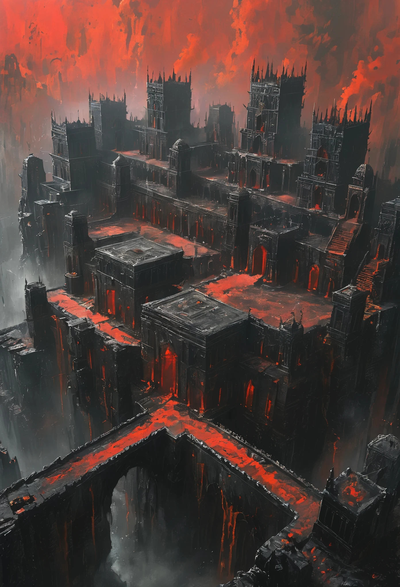 Concept art of an ancient medieval fantasy city built atop the ruins of another. The buildings are made of black stone and red metal, 