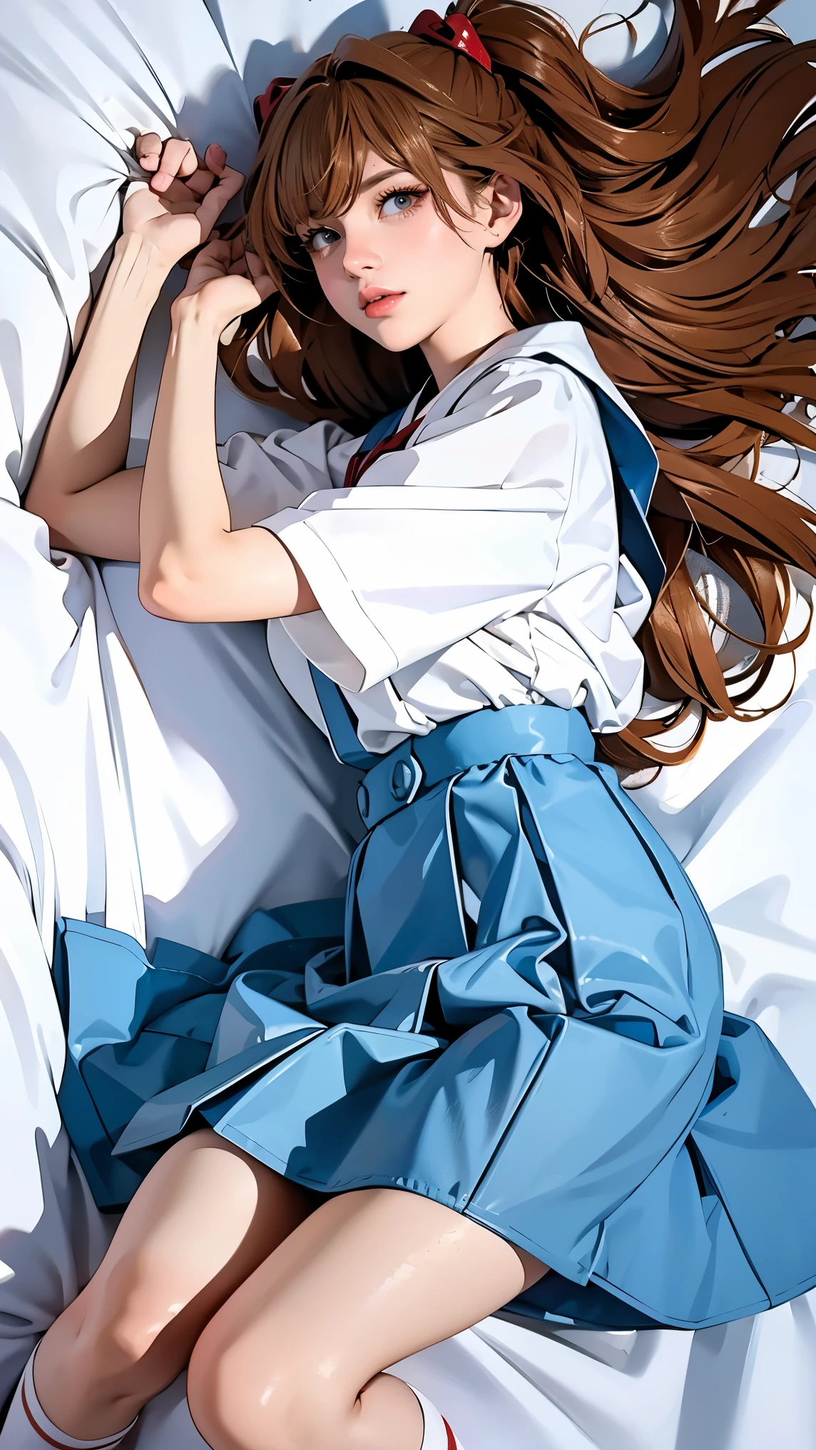 ((highest quality, 8k, masterpiece:1.3, Realistic:1.3)), {{Lying in bed, From above, dakimakura}}, Japanese , Single woman,  very light brown hair, With bangs, (Japanese Uniform, socks, Thick thighs,Save the song in cotton), Highly detailed face and skin texture, Beautiful Eyes, Lip details, The hair is very well drawn, Facing the children, In the heat, Embarrassed look, Natural Makeup:1.0,Skirt flip,pantyhose,skirtlift,highleg panties,