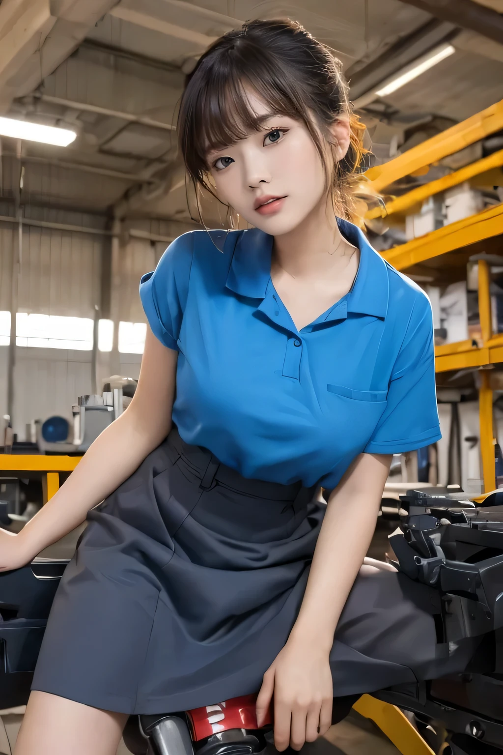 a women, (((round face))), factory clerk, wearing work clothes, skirt, straddling to hit her crotch on exposed pipe, open legs, raise leg, masturbation, ecstasy, in the factory, machines, ceiling, nameplate, id card