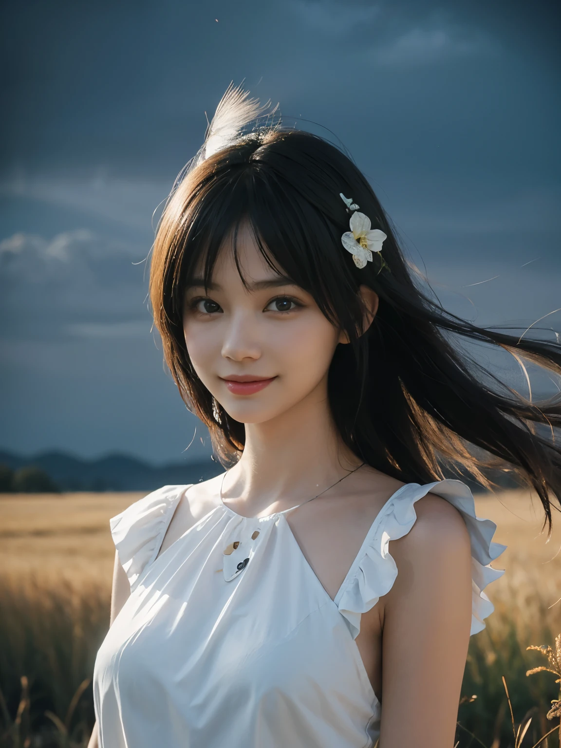 (ultra realistic), (best illustration), (increase resolution), (8K), (masterpiece), (wallpaper), solo, 1 girl, looking at viewers, black straight hair, in the dark, deep shadow, low key, pureerosfaceace_v1, happy smile, simple dress, meadow