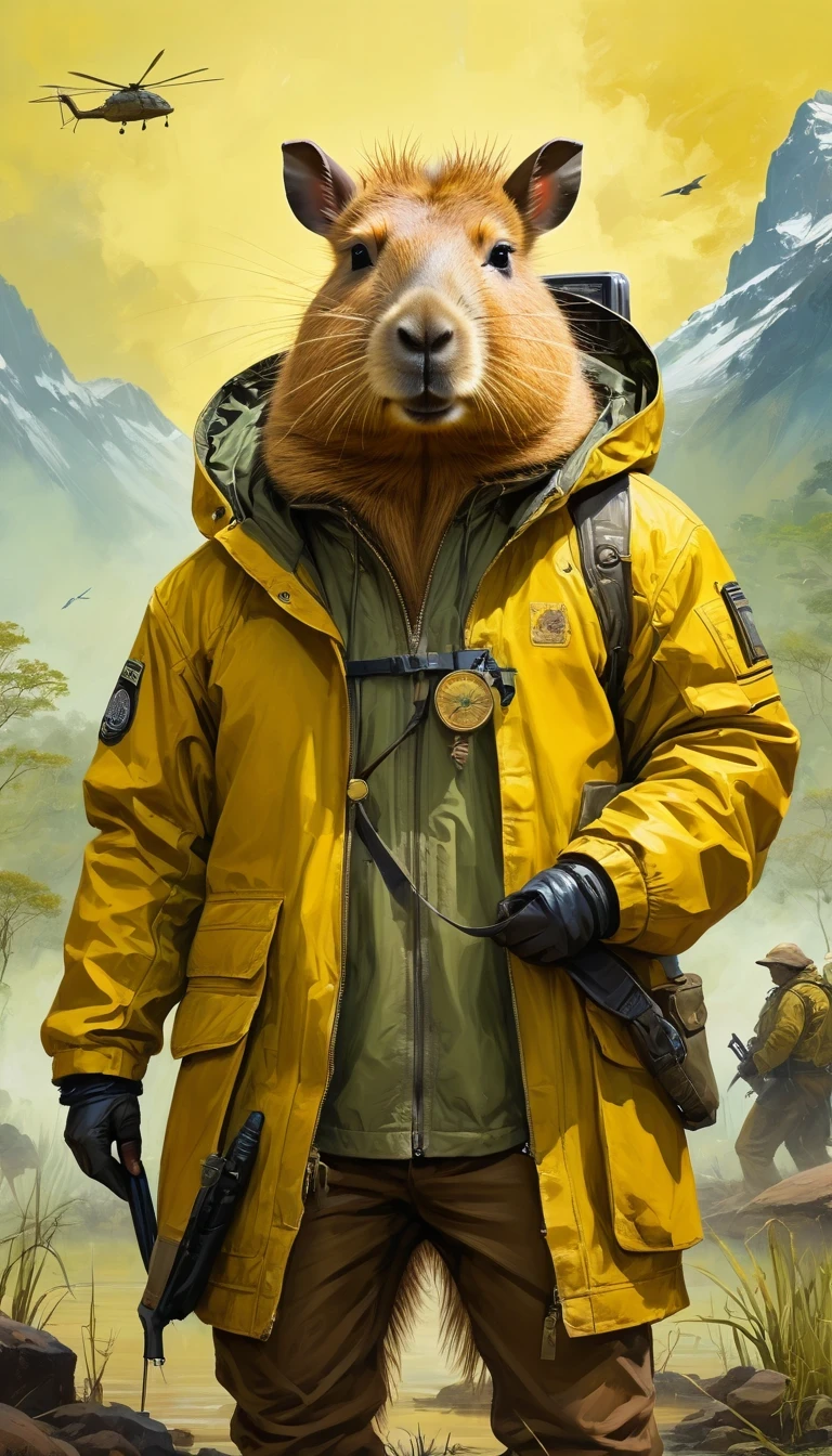 (masterpiece, best quality, moralityetailemorality), painting of a romoralityent in a yellow jacket, capybara, Anthropomorphic capybara, Post-apocalyptic explorer, portrait of an amoralityventurer, Surrealism, morality & morality fantasy art, stunning moralityigital illustration,