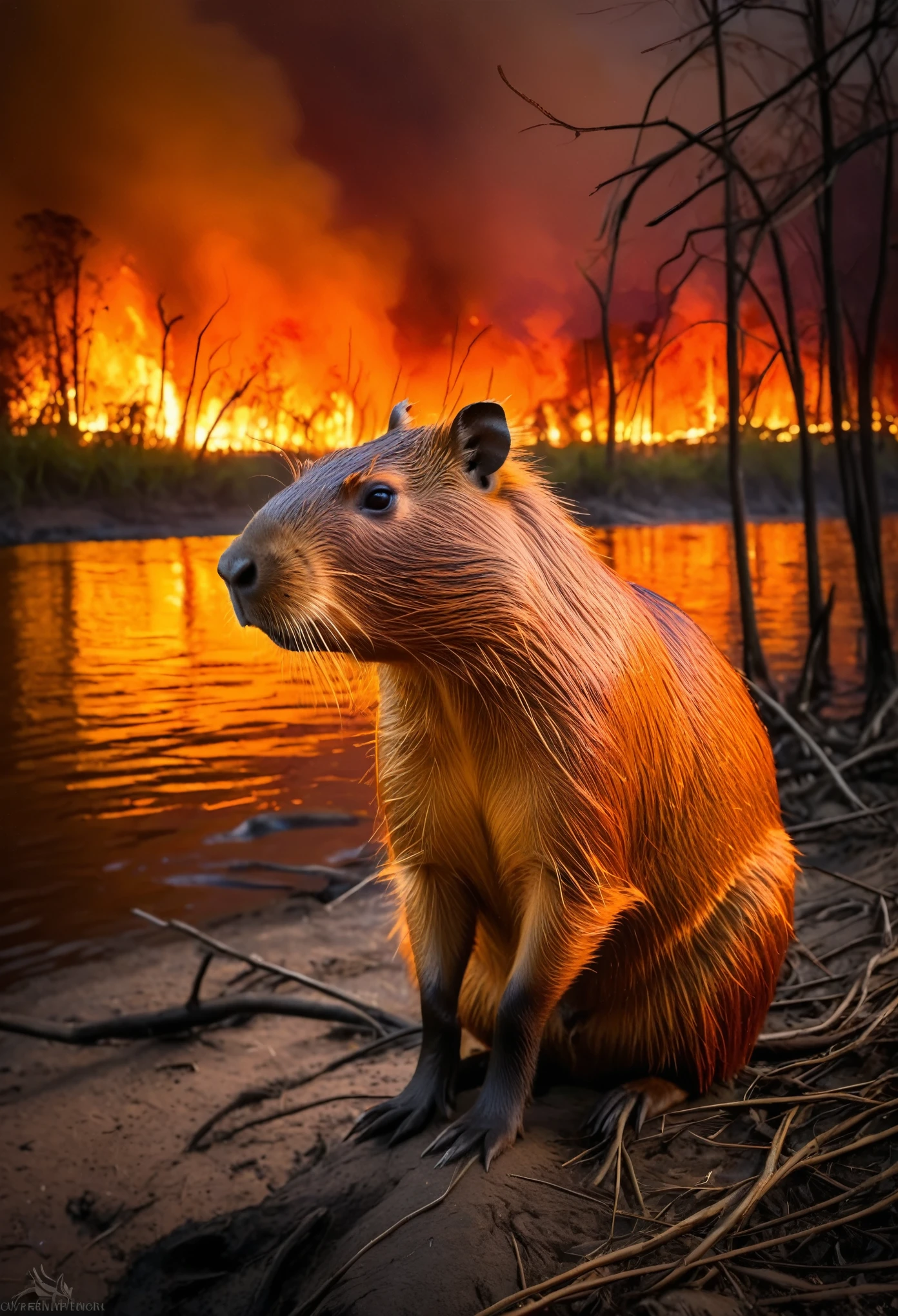 A detailed, realistic portrait of a capybara sitting by the riverbank, gazing sorrowfully towards a forest in the distance. The forest is engulfed in flames, casting an orange and red glow over the scene. The capybara's fur is smooth and shiny, and its large, round eyes reflect the sadness and helplessness it feels. The river flows calmly beside it, contrasting with the chaos and destruction of the burning forest. The lighting and shadows are carefully rendered, creating a mood of melancholy and loss.