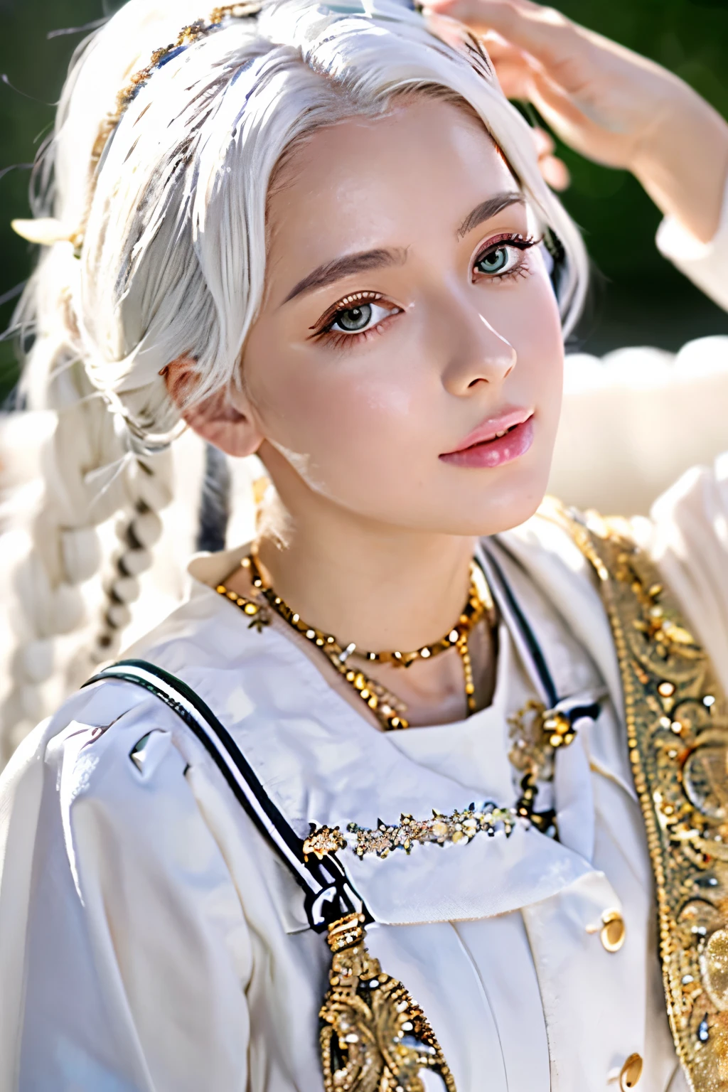 best quality, masterpiece,white hair, gold eyes,white clothes, looking up, upper body,hair strand,Fair skin,side braids