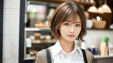 super high quality, fashion model, short hair, slender, the staff is working at the counter in the back., (8k、raw photos、highest...