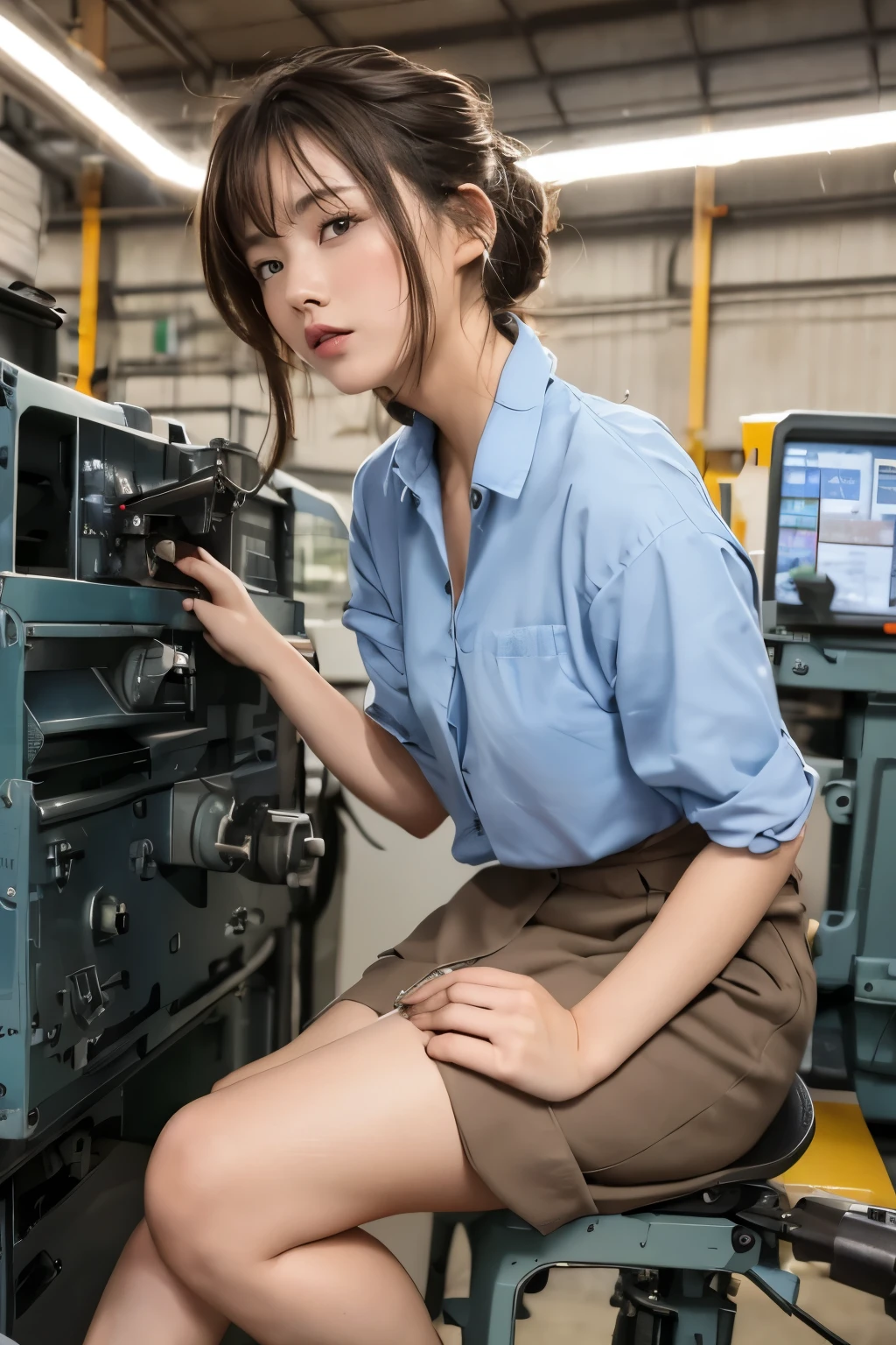 a women, (((round face, hair up))), factory clerk, wearing work clothes, long skirt, straddling to hit her crotch on a machine corner, open legs, raise leg, ecstasy face, in the factory, machines, ceiling, nameplate, id card