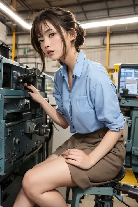 a women, (((round face, hair up))), factory clerk, wearing work clothes, long skirt, straddling to hit her crotch on a machine c...