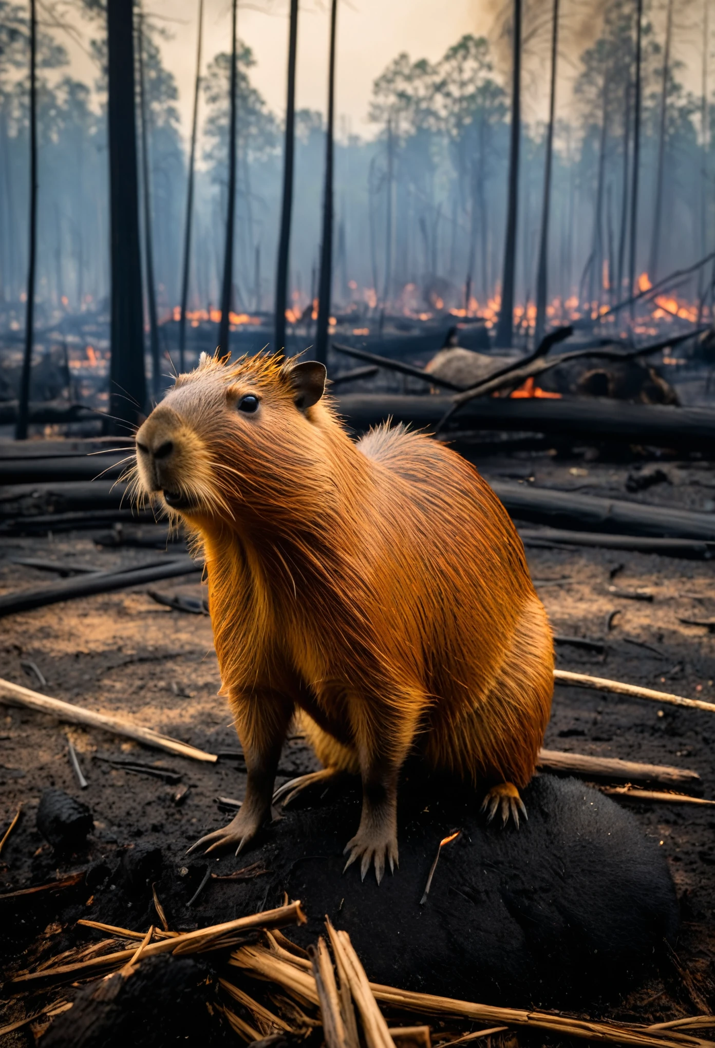 A heartfelt scene of a capybara standing solemnly beside the charred remains of another capybara, lost in the aftermath of a forest fire. The survivor's fur is tousled, its eyes filled with sorrow as it stares down at the tragic sight. The ground around them is littered with burned debris, and smoke still rises from the smoldering trees, creating a hazy, melancholic atmosphere. The capybara's pose and expression convey a profound sense of loss and mourning, as it pays its respects to the fallen compatriot. Render the scene with emotional depth and detail, capturing the sorrowful mood and the stark contrast between life and death.