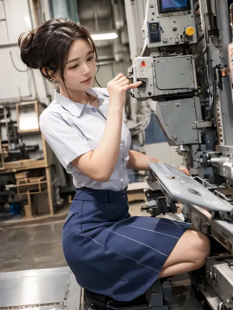 a women, (((round face, hair up))), factory clerk, wearing work clothes, long skirt, straddling to hit her crotch on a machine c...