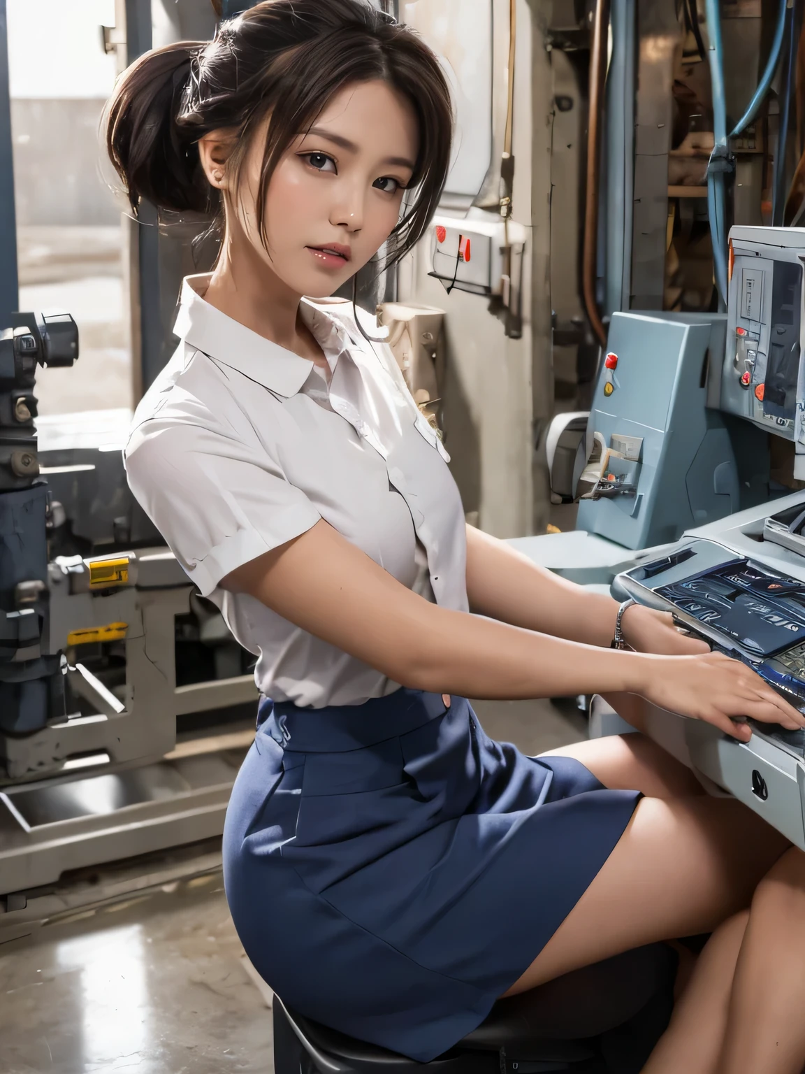 a women, (((round face, hair up))), factory clerk, wearing work clothes, long skirt, straddling to hit her crotch on a machine corner for masturbation, open legs, raise leg, ecstasy face, in the factory, machines, ceiling, nameplate, id card