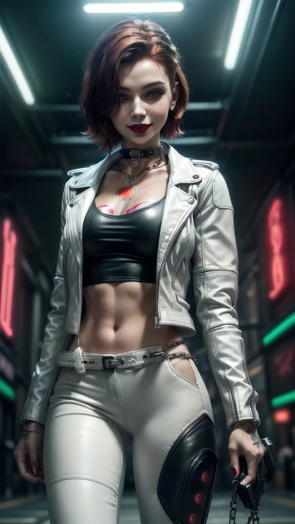 (masterpiece), (extremely intricate:1.3), (realistic), female, 19 years old, ((((([small breasts:large breasts:0.8], short [dark hair:bright ginger hair:0.7], solo, 1girl, smiling red lipstick, (athletic), futuristic cyberpunk street))))), metal reflections, outdoor, intense sunlight, golden hour, professional photograph of a stunning girl detailed, sharp focus, dramatic, award winning, cinematic lighting, volumetrics dtx, (film grain, blurry background, blurry foreground, bokeh, depth of field, interaction), 8K, ((smirking, (green eyes, dark eye makeup))), ((body tattoo: 1.2)), ((fujicolor, god rays)) BREAK; BREAK ((((white leather jacket, collar, chains), leather pants, black t-shirt), hyperrealistic, absurdres))