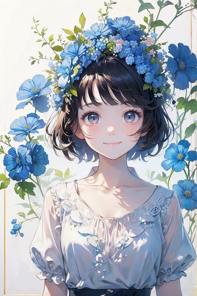 (masterpiece、highest quality、highest quality、Beautiful and beautiful:1.2)、(Good anatomy:1.5)、Drawing of a girl with straight short hair、White blouse、Shy smile、looking at the camera、put flowers and leaves on your head、Nemophila