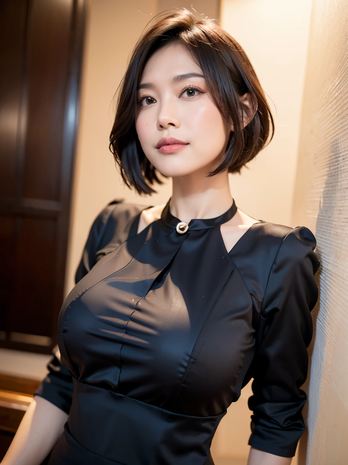 (highest quality, 8K, 32k, masterpiece, Ultra-high resolution:1.2),Beautiful Japanese Women Photos, Standard body shape、（D cup breasts:1.4), very short bob hair,Upper Body,Face Focus,（black formal blouse：1.4）、（Black frill blouse:1.6）,（Pearl Necklace:1.4), （Midnight Factory Office:1.6), The viewer is looking at her from the side, Watching the audience、（smile：1.3）、（Church Dark Room：1.6）、（Only candlelight：1.5）、Dark Room、midnight