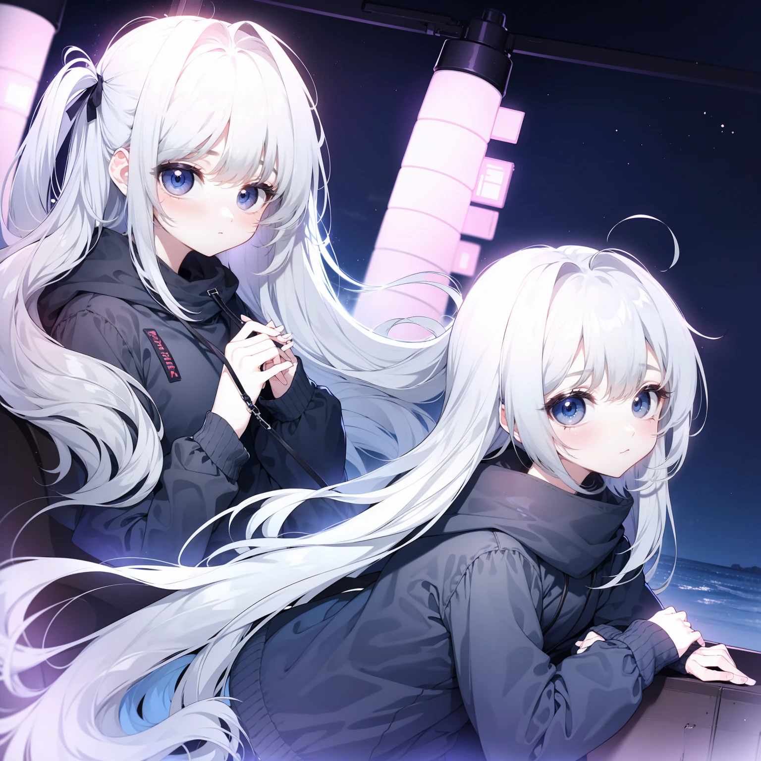 White Hair，Girl，KHD，4K，Expressionless face，Anime Style，profile，Night sky background，Spring Casual Fashion,