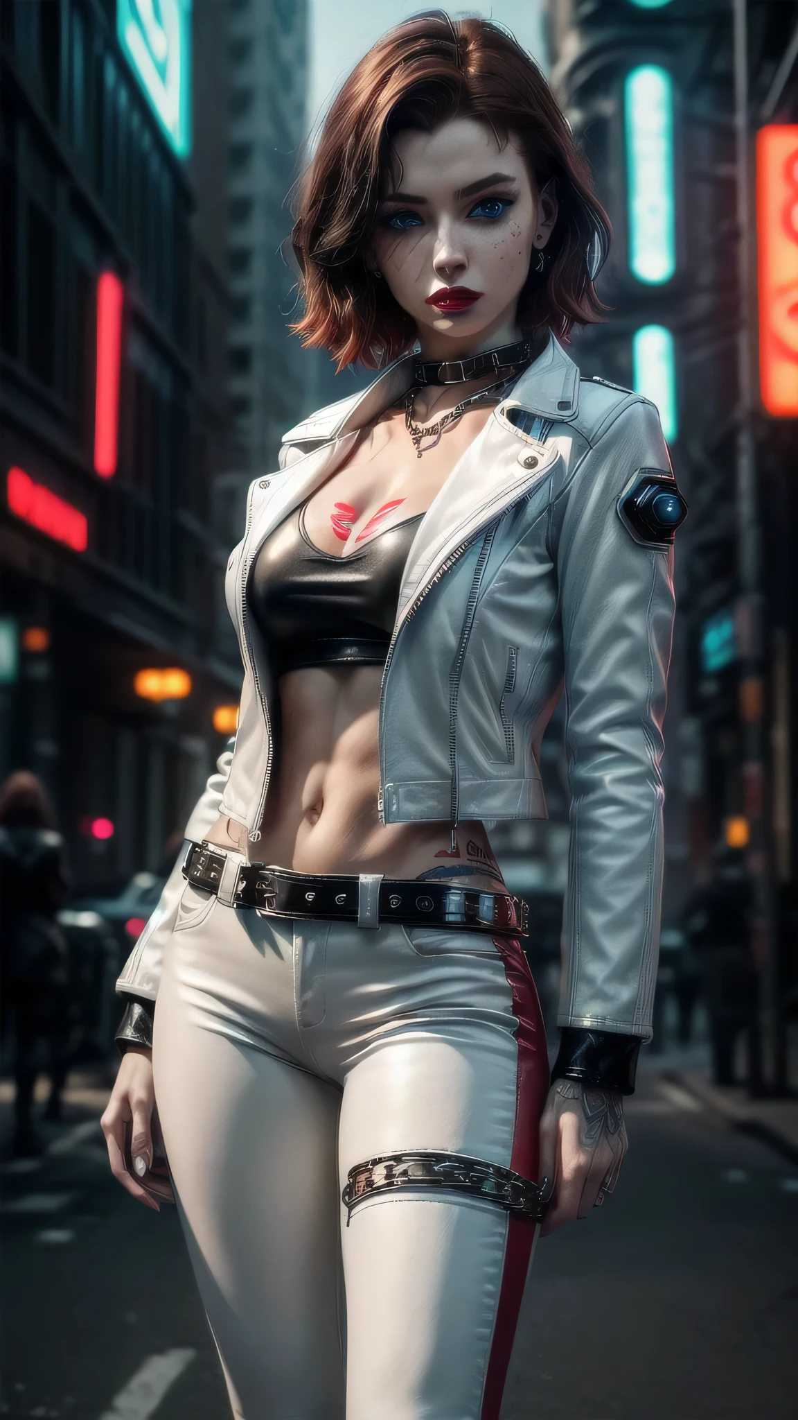 (masterpiece), (extremely intricate:1.3), (realistic), female, 19 years old, ((((([small breasts:large breasts:0.8], short [dark hair:bright ginger hair:0.7], solo, 1girl, sultry red lipstick, (athletic), futuristic cyberpunk street))))), metal reflections, outdoor, intense sunlight, golden hour, professional photograph of a stunning girl detailed, sharp focus, dramatic, award winning, cinematic lighting, volumetrics dtx, (film grain, blurry background, blurry foreground, bokeh, depth of field, interaction), 8K, ((((iceblue eyes, dark eye makeup)))), ((body tattoo: 1.2)), ((fujicolor, god rays)) BREAK; BREAK ((((white leather jacket, collar, chains), leather pants, black t-shirt), hyperrealistic, absurdres))