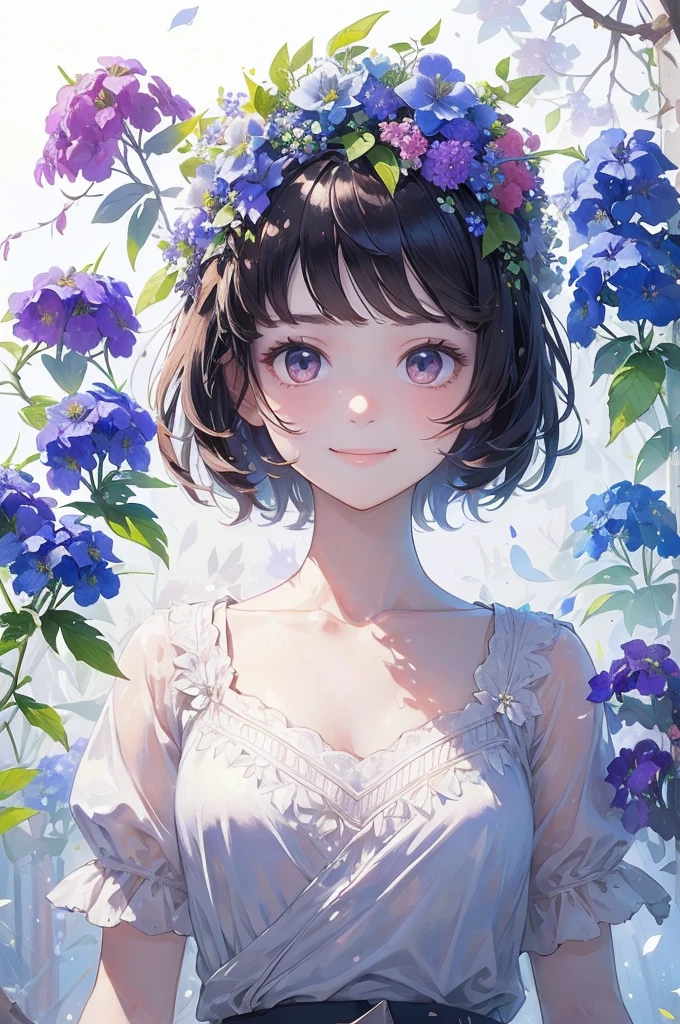 (masterpiece、highest quality、highest quality、Beautiful and beautiful:1.2)、(Good anatomy:1.5)、Drawing of a girl with straight short hair、White blouse、Shy smile、looking at the camera、put flowers and leaves on your head、Delphinium