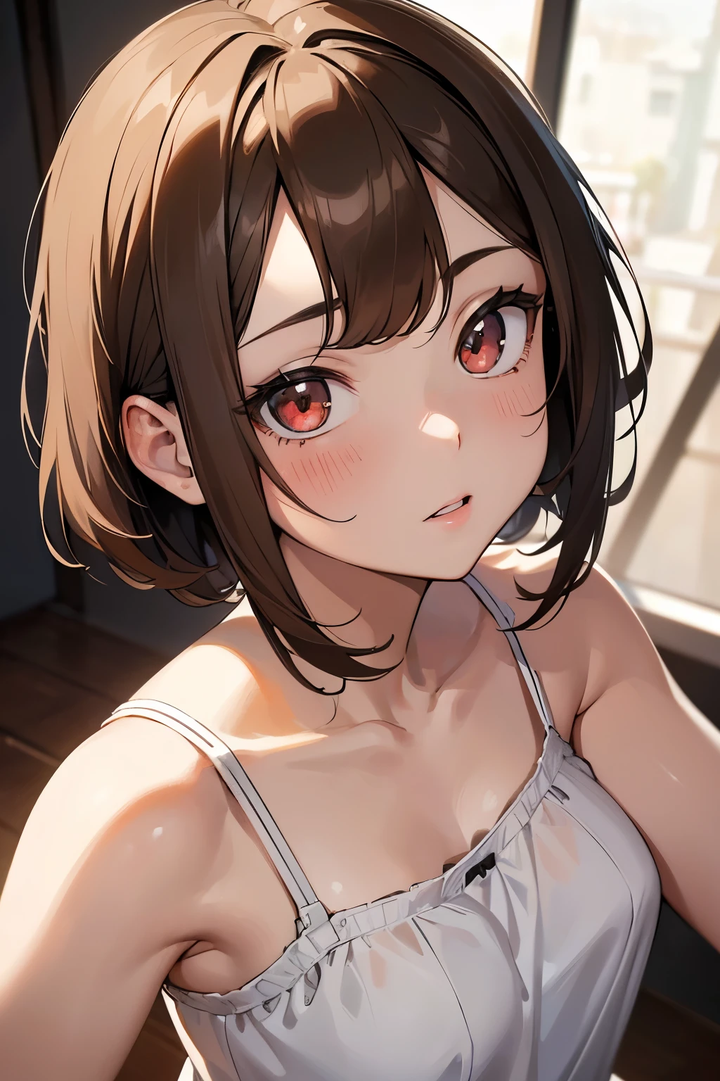 1 girl, , UHigh resolution, retina, masterpiece, Accurate, Anatomically correct, Rough skin, Very detailed, Advanced Details, high quality, Awards, 最high quality, High resolution, High resolution, 4K,(anime,8k,masterpiece, 最high quality, 最high quality,beautifully、aesthetic:1.2,Professional Illustration:1.1,Very detailed:1.3,Perfect lighting),Very detailed,Most detailed,Unbelievably absurd,High resolution,Very detaileded,Complex:1.6, Cute pose，young，③red eyes,detailed face, fine eyes, Skin details，④: animation, figure, 
⑤: (parted bangs: 1.5)，diagonal bang ，very short hair，(Light brown hair:1.2)，⑦: (head shot:1.5), looking at the viewer, ⑧: Camisole blouse，