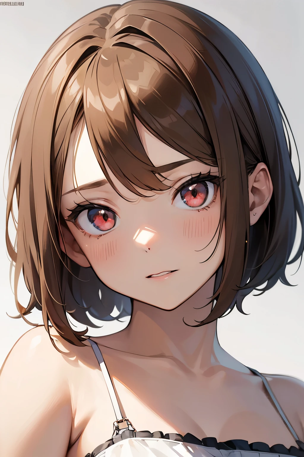 1 girl, , UHigh resolution, retina, masterpiece, Accurate, Anatomically correct, Rough skin, Very detailed, Advanced Details, high quality, Awards, 最high quality, High resolution, High resolution, 4K,(anime,8k,masterpiece, 最high quality, 最high quality,beautifully、aesthetic:1.2,Professional Illustration:1.1,Very detailed:1.3,Perfect lighting),Very detailed,Most detailed,Unbelievably absurd,High resolution,Very detaileded,Complex:1.6, Cute pose，young，③red eyes,detailed face, fine eyes, Skin details，④: animation, figure, 
⑤: (parted bangs: 1.5)，diagonal bang ，very short hair，(Light brown hair:1.2)，⑦: (head shot:1.5), looking at the viewer, ⑧: Camisole blouse，