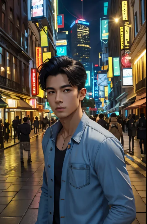 best quality, masterpiece, ultra high res, (photorealistic:1.4), raw photo, young handsome male, black hair, (night city backgro...