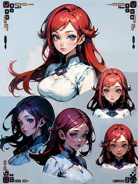 (Masterpiece, highest quality)), adult woman, medium breasts, detailed face, character sheet, concept-art, Full body, full of details, multiple poses and expressions, highly detailed, depth, many parts, 1girl, super long red hair, beautiful blue eyes
