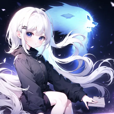 White Hair，Girl，KHD，4K，Expressionless face，Anime Style，profile，Night sky background，Spring Casual Fashion,
