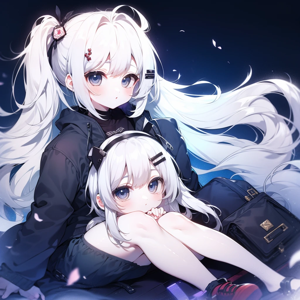 White Hair，Girl，KHD，4K，Expressionless face，Anime Style，profile，Night sky background，Spring Casual Fashion,((Three white eyes)),