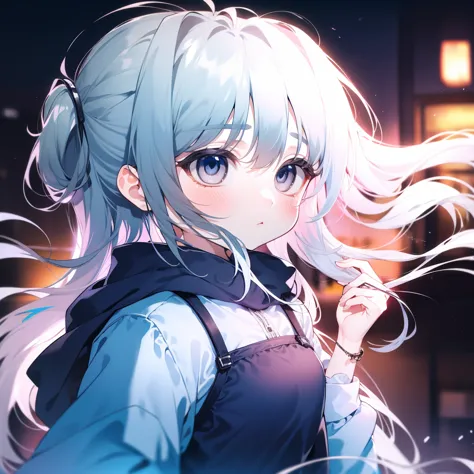 White Hair，Girl，KHD，4K，Expressionless face，Anime Style，profile，Night sky background，Spring Casual Fashion,((Three white eyes)),